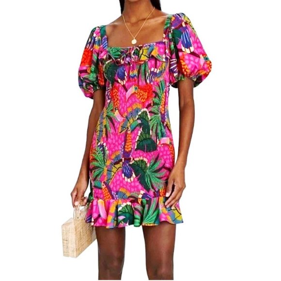 FARM Rio Dresses & Skirts - NWT Farm Rio Pink Painted Toucans Smocked Mini Dress w/Puff Sleeves, Square Neck